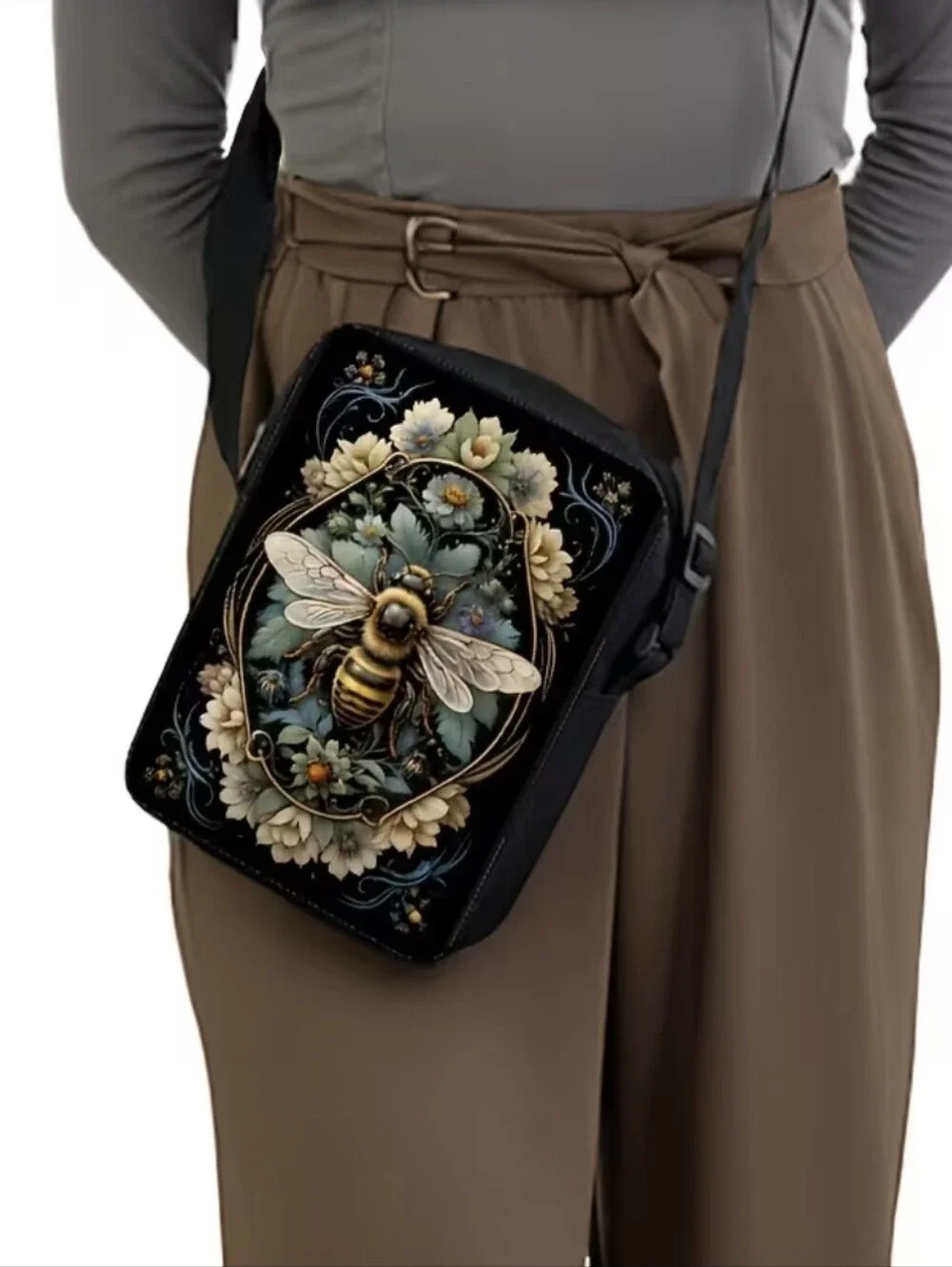 Bumblebee Garden Crossbody Bag Adjustable Strap Yellow Black Bee Print Purse